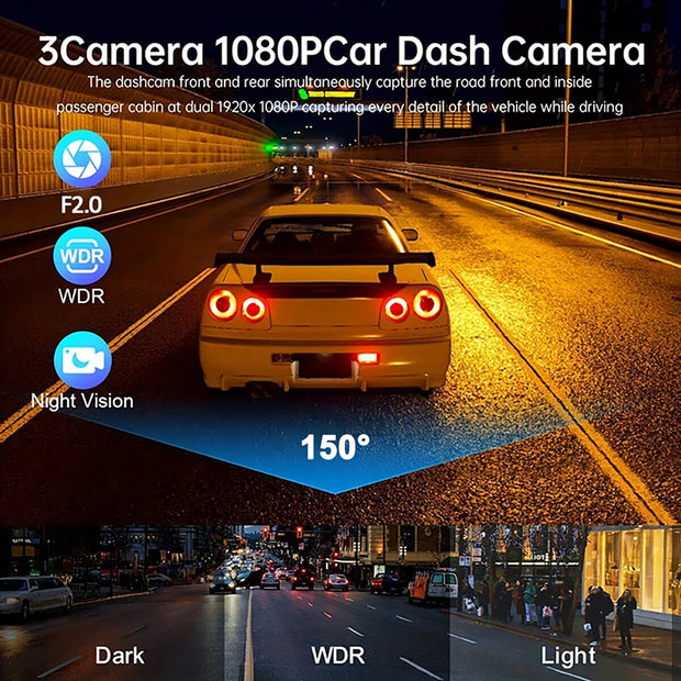 Dash Cam for Cars WIFI APP Car DVR 3 Channel Front Camera Video Recorder Rear View Camera for Vehicle Black Box Car Assecories