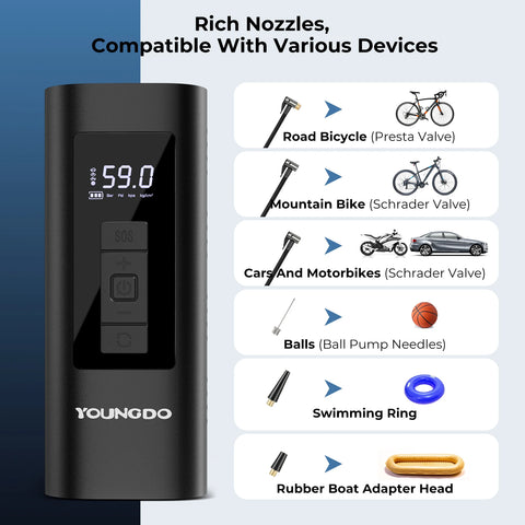 YOUNGDO Car Air Compressor Portable Tire Inflator 150 PSI & 6000mAh Smart Digital Inflatable Pump For Car Bicycle Boat Air Pumps