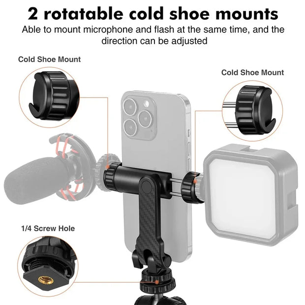 360° Phone Clip Bracket Tripod Mount With Cold Shoe 1/4 Selfie Holder Vertical Adjustable Phone Bracket For iPhone 13 14 15 Pro