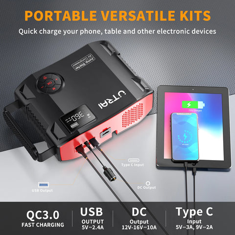 UTRAI 4 In 1 2000A Jump Starter Power Bank 16000mAh 150PSI Air Compressor Tire Pump Portable Charger Car Booster Starting Device