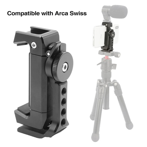 Universal Smartphone Tripod Mount Adapter Phone Clip Holder 360 Rotation Mobile Clamp with Cold Shoe Mount for Arca-Type Plate