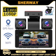 4 Channel Car DVR Dash Camera Wi-Fi GPS Car Camera 360 Dash Cam Front and Rear Inside Left Right 3k*1080P 4 Lens Video Recorder