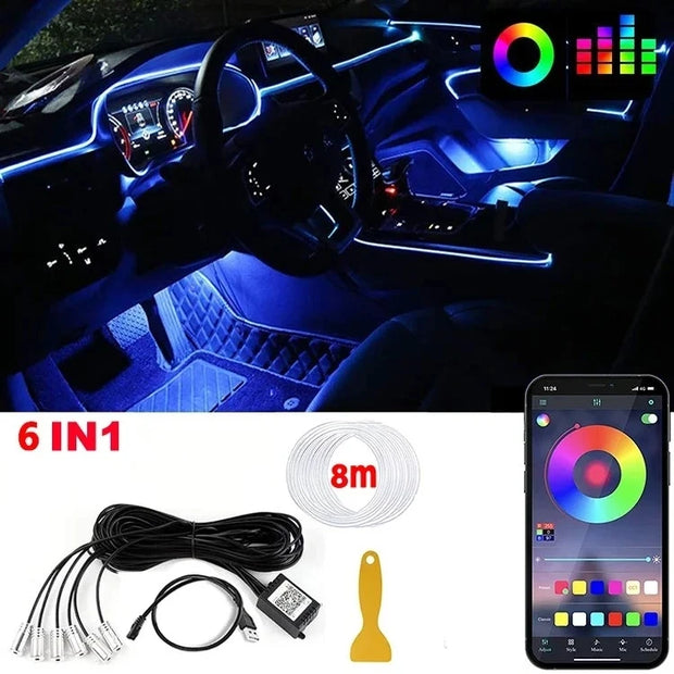 LED Car Interior Ambient Strip Lights RGB Fiber Optic Atmosphere Neon Lighting Kit W/ APP Remote Control Auto Decorative Lamps