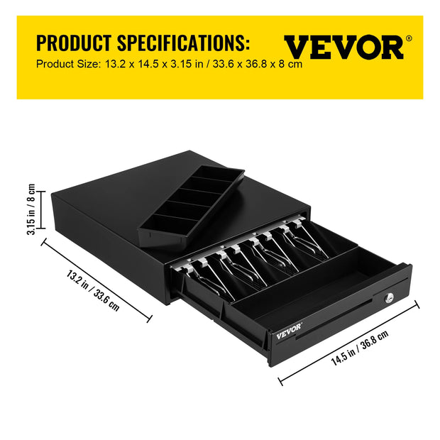 VEVOR Cash Register Drawer 16" 12 V for POS System Tray Removable Coin Compartment & 2 Keys Included RJ11/RJ12 Cable Drawer