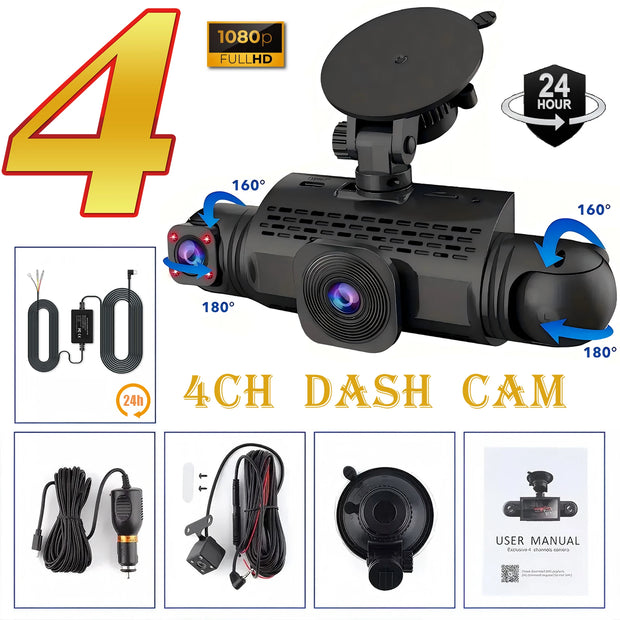 Car Dash Cam 4 Channel Black Box Driving Camera FHD 1080P Front Left Right Rear Night Vision Loop Recording add Hardwire kit