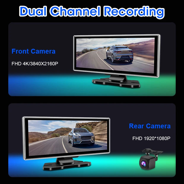 11.26 inch Car DVR 4K Dash Cam Dual Lens Wireless Carplay & Android Auto Video Recorder Monitor GPS Navigation 5G Wifi FM AUX