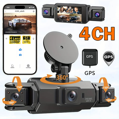 Car Dash Cam 4 Channel with GPS Night Vision WiFi for Car DVR 360° Front Left Right Rear Loop Recording 24H Parking Monitor