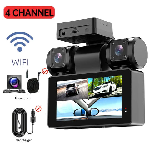 4 Channel Car DVR Dash Camera Wi-Fi GPS Car Camera 360 Dash Cam Front and Rear Inside Left Right 3k*1080P 4 Lens Video Recorder