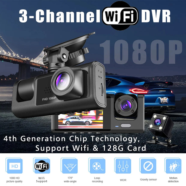 WiFi 3 Camera Car DVR Three Way Dash Cam Inside Vehicle Channel DVRs Recorder FHD 1080P Video Mini Registrator Dashcam Camcorder