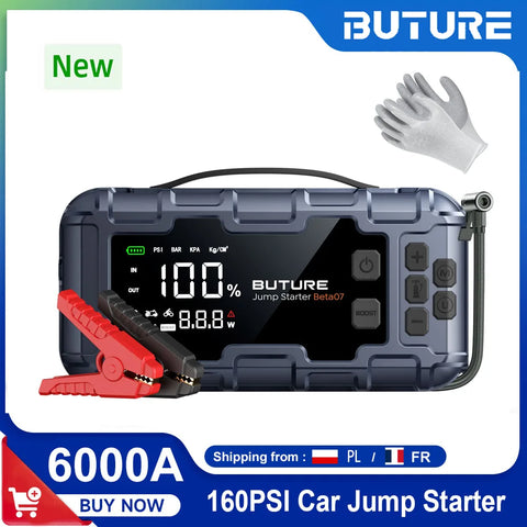 BUTURE 6000A Car Jump Starter Power Bank Portable 160PSI Air Pump Car Battery Emergency Boosters Starting Device Car Starter