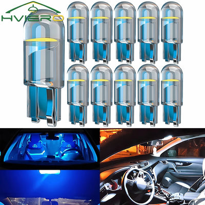 10Pcs Glass Cob LED Car Bulbs W5W 194 T10 Wedge License Plate Lamp Dome Light White Auto Interior Reading Running Parking Backup