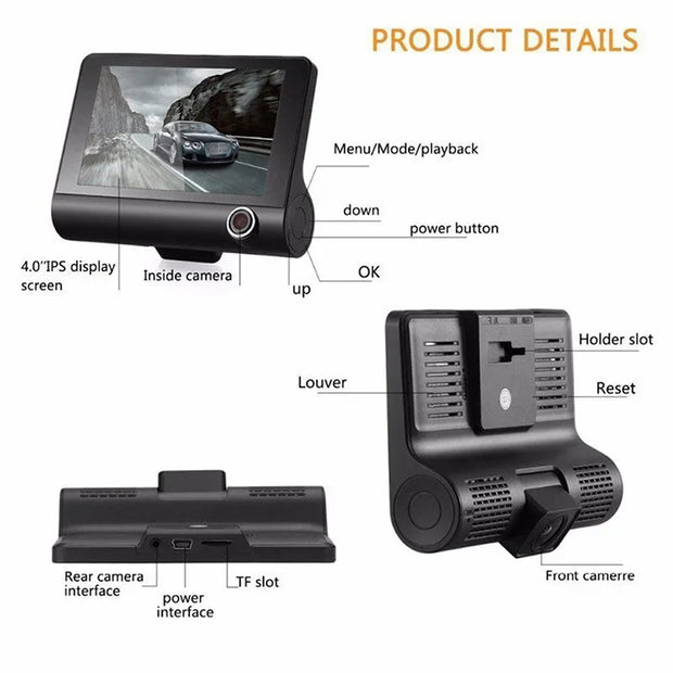 4 inch Black Box Car DVR Dashcam Dash Camera IPS HD Screen 1080P Dual Lens Video Recorder Front + Interior View Camera Dash Cam