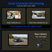 Jansite 9" Car DVR 4K Dashcam Adjustable Front cam Mirror Video Recorder Wireless Carplay Android Auto Dual Lens Ai Screen Video