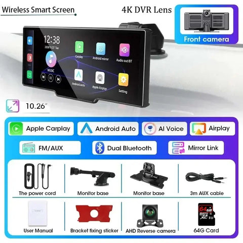 10.26" Dash Cam 4K 3840x2160 Wireless Carplay & Android Auto Navigation Voice Control Car DVR Rearview Camera BT Monitor Screen