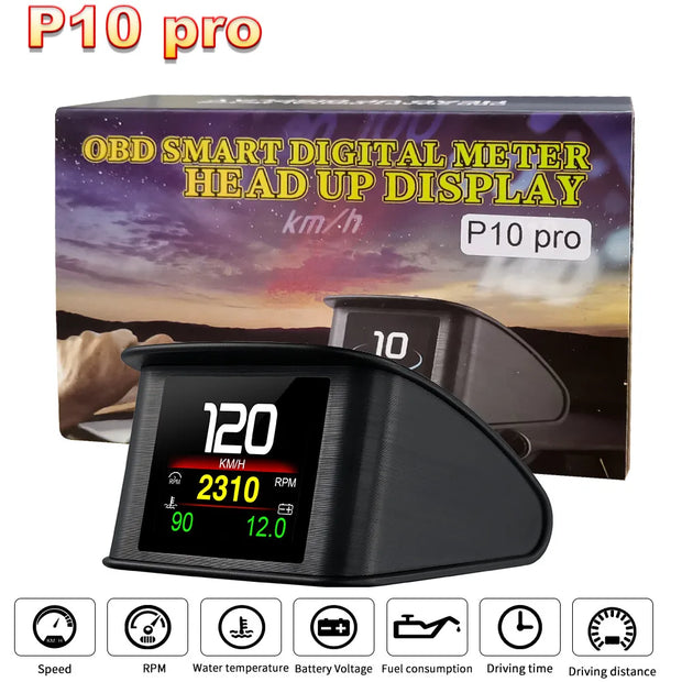 P10 Pro Head Up Display On-board Computer Car Digital OBD2 Mileage OBD Driving Computer Display Speedometer Temperature Gauge