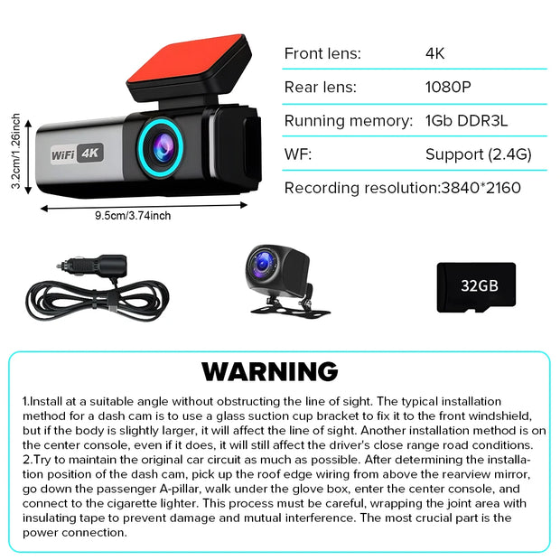 Car Dash Cam Dual Lens UHD Driving Recorder 4K DVR 1080P Rear Lens Camera WiFi 24H Parking Monitoring Black Box Car Accsesories