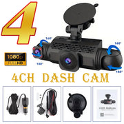 Car Dash Cam 4 Channel Black Box Driving Camera FHD 1080P Front Left Right Rear Night Vision Loop Recording add Hardwire kit