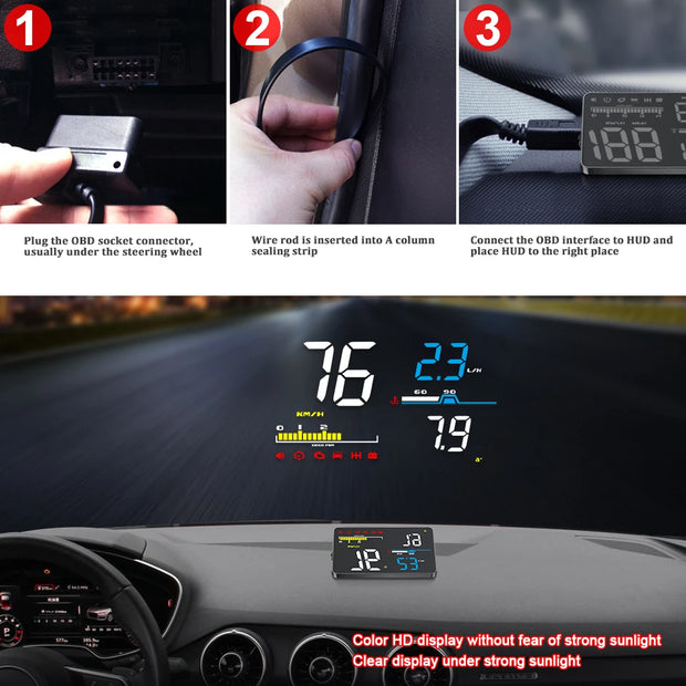 HUD D5000 OBD2 Head Up Display Car Speedometer Tachometer Windshield Projetor Overspeed Alarm LED Accessory Electronic Auto