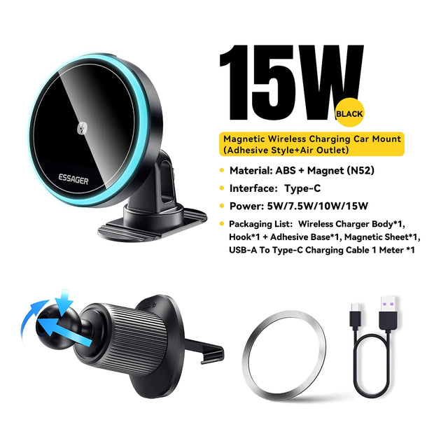 Essager 15W Magnetic Wireless Car Phone Holder Adjustable 360 degrees Car Charger For iPhone15 14 13 Pro Samsung Universal Phone