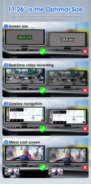 10/11.26 inch Dash Cam 4K Car DVR Wireless Carplay & Android Auto GPS Navigation Video Recorder Dashboard Dual Lens Wifi FM AUX