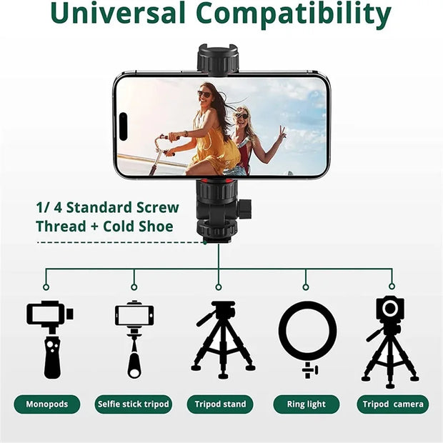 360° Phone Clip Bracket Tripod Mount With Cold Shoe 1/4 Selfie Holder Vertical Adjustable Phone Bracket For iPhone 13 14 15 Pro