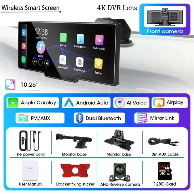 10.26" Dash Cam 4K 3840x2160 Wireless Carplay & Android Auto Navigation Voice Control Car DVR Rearview Camera BT Monitor Screen