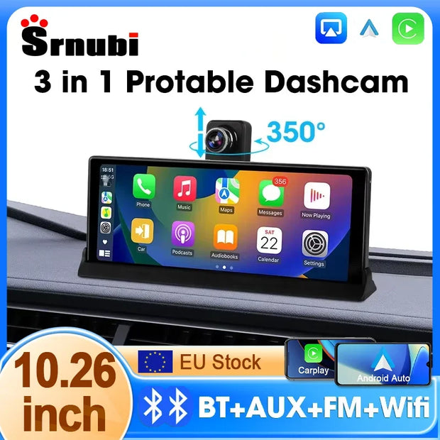 Srnubi 10.26" 4K Car Dvr Carplay Android Auto 350 ° Rotation Dual Lens Dashcam Truck Camera Driving Recorder GPS WIFI FM BT