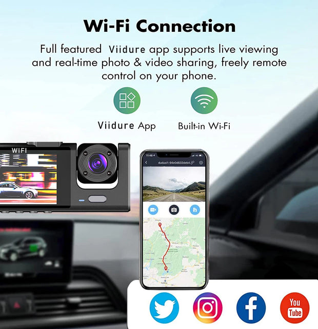 WiFi 3 Channel Mini Car DVR Three Way Dash Cam Inside Vehicle Camera DVRs Recorder FHD 1080P Video Dashcam Camcorder Black Box