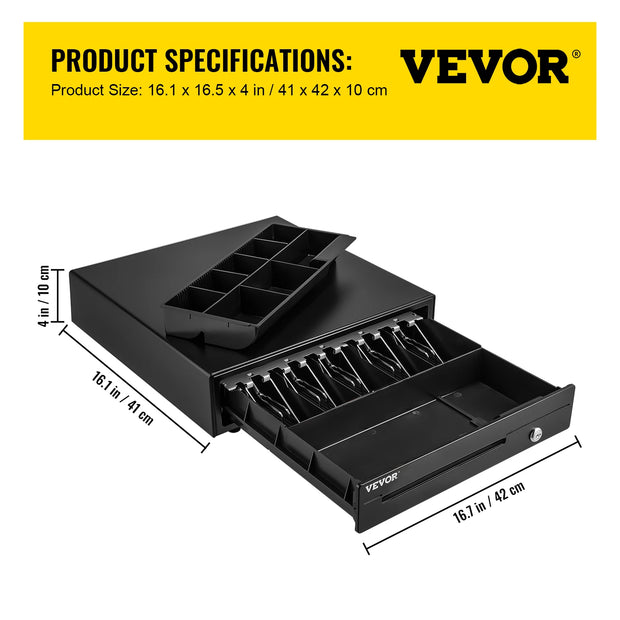 VEVOR Cash Register Drawer 16" 12 V for POS System Tray Removable Coin Compartment & 2 Keys Included RJ11/RJ12 Cable Drawer