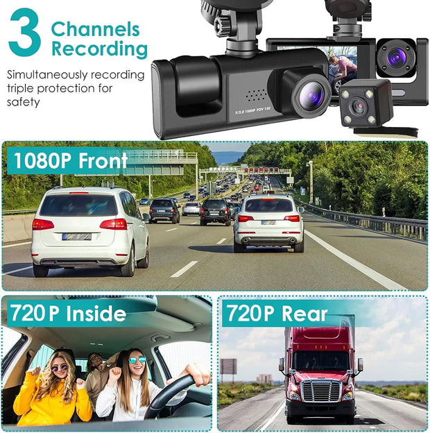 1080P Car Dvr 3 Camra Dash Cam for Cars Camera for Vehicle Recorder Video Front and Rear Camera W/ IR Night Vision Dashcam