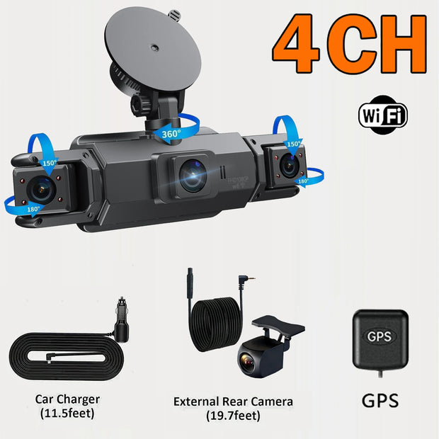 Car Dash Cam 4 Channel with GPS Night Vision WiFi for Car DVR 360° Front Left Right Rear Loop Recording 24H Parking Monitor