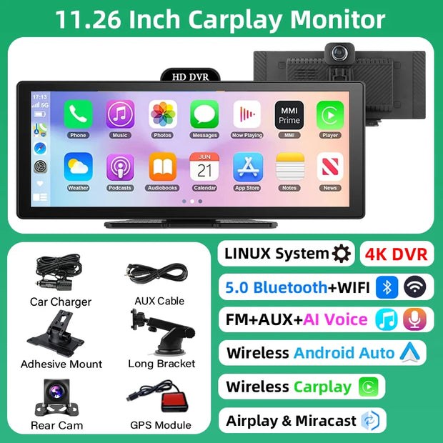 11.26 Inch 4K DVR Wireless CarPlay & Android Auto Dash Cam Bluetooth Audio GPS Navigation Dashboard Dual Lens Video Recorder