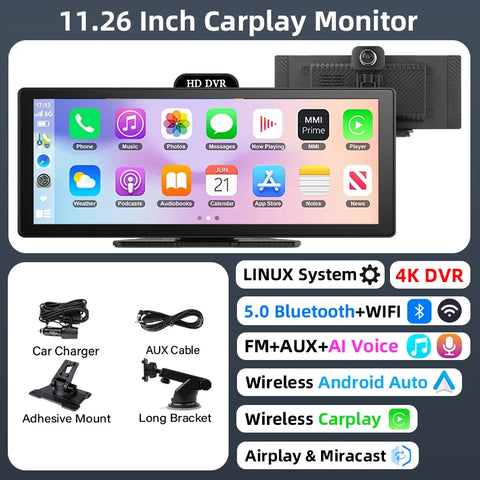 11.26 Inch 4K DVR Wireless CarPlay & Android Auto Dash Cam Bluetooth Audio GPS Navigation Dashboard Dual Lens Video Recorder