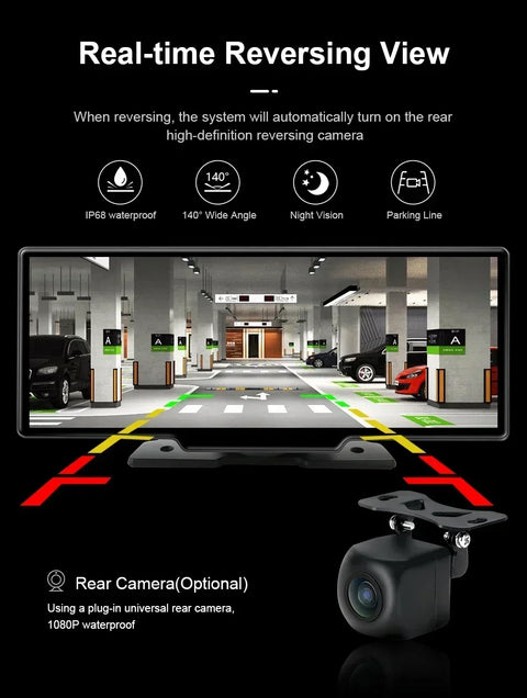 Srnubi 10.26" Dash Cam Rearview Wireless Carplay Android Auto 4K DVR Navigation Player Dual Len Recorder Dashboard  24H Park