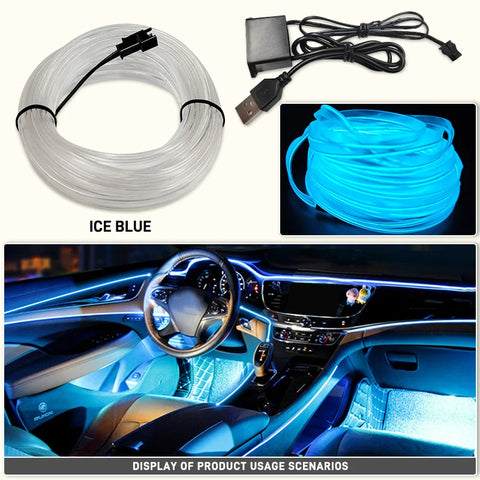 1M/3M/5M Car Interior Led Decorative Lamp EL Wiring Neon Strip For Auto DIY Flexible Ambient Light USB Party Atmosphere Diode