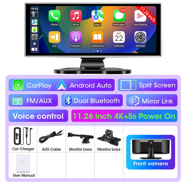 11.26 inch Car DVR 4K Dash Cam Dual Lens Wireless Carplay & Android Auto Video Recorder Monitor GPS Navigation 5G Wifi FM AUX