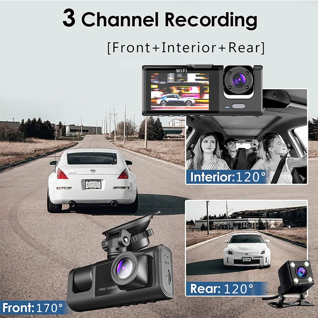 WiFi 3 Camera Car DVR Three Way Dash Cam Inside Vehicle Channel DVRs Recorder FHD 1080P Video Mini Registrator Dashcam Camcorder