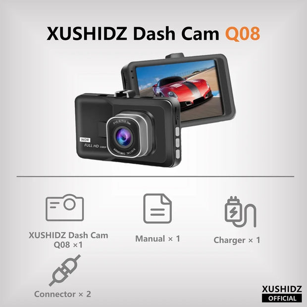 XUSHIDZ Q08 1080P Dash Camera with G-sensor Dashcam Vehicle Video Recorder Super Night Vision DVR Car Camera Loop Recording