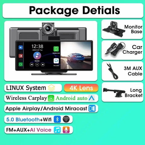 Srnubi 10.26" Dash Cam Rearview Carplay Android Auto 4K DVR GPS Navigation Player Dual Len Recorder Dashboard  24H Park WIFI BT