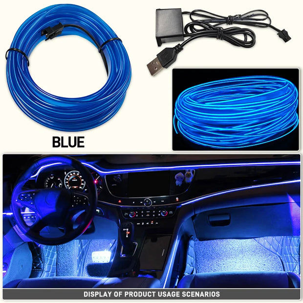 1M/3M/5M Car Interior Led Decorative Lamp EL Wiring Neon Strip For Auto DIY Flexible Ambient Light USB Party Atmosphere Diode