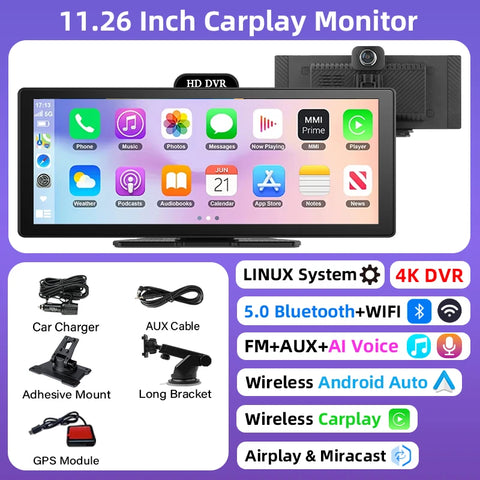 11.26 Inch 4K DVR Wireless CarPlay & Android Auto Dash Cam Bluetooth Audio GPS Navigation Dashboard Dual Lens Video Recorder