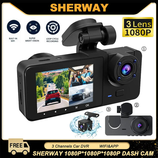 3 Channel Car DVR Camera Dash Cam HD 1080P 3-Lens Front /Rear /Inside Triple Wifi Car Camera Video Recorder Dashcam Camcorder