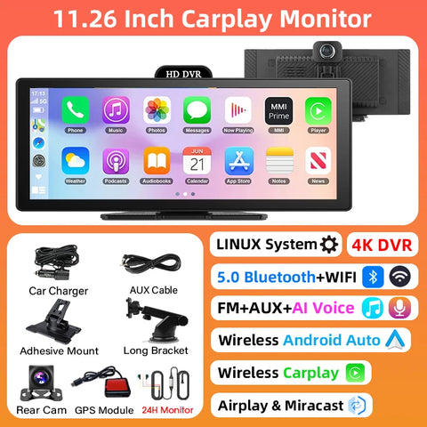 11.26 Inch 4K DVR Wireless CarPlay & Android Auto Dash Cam Bluetooth Audio GPS Navigation Dashboard Dual Lens Video Recorder