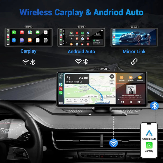 11.26 Inch 4K DVR Wireless CarPlay & Android Auto Dash Cam Bluetooth Audio GPS Navigation Dashboard Dual Lens Video Recorder