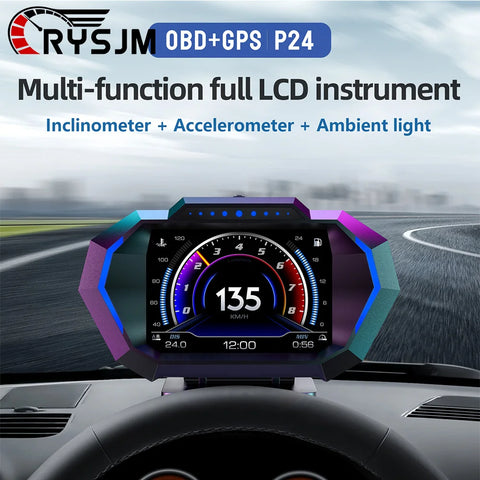 P24 Car Head Up Display OBD + GPS HUD Digital Speedometer Water Temp Fuel Consumption Slope Meter KMH MPH Automotive Electronics