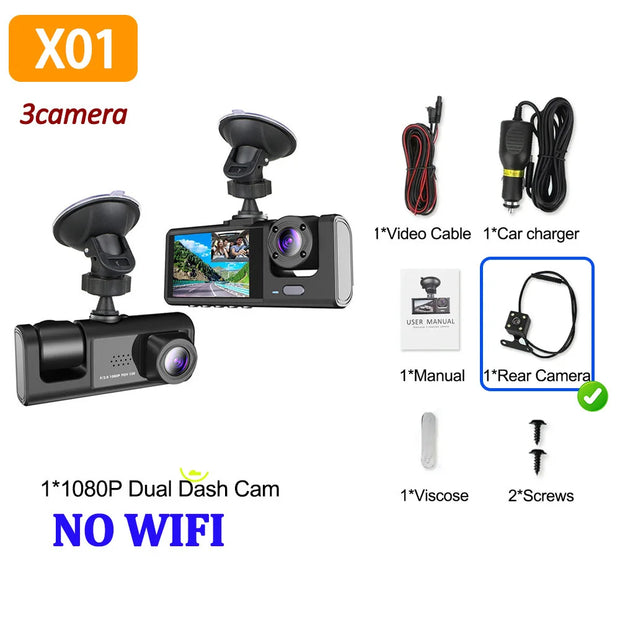 3Channel Dash Cam for Car 1080P Video Recorder WIFI APP Dashcam Car DVR  Front and Rear View Camera Night Vision car accessory