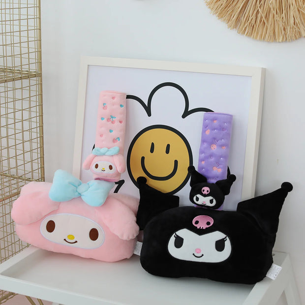 Sanrio Cute Kuromi Car Headrest Safety Seat Belt Cover Kawaii Japanese Style Back Cushion Plush My Melody Car Decoration Gifts