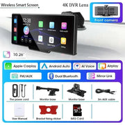 10.26" Dash Cam 4K 3840x2160 Wireless Carplay & Android Auto Navigation Voice Control Car DVR Rearview Camera BT Monitor Screen