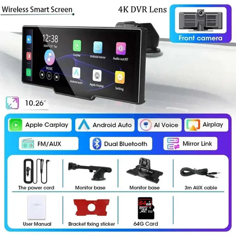 10.26" Dash Cam 4K 3840x2160 Wireless Carplay & Android Auto Navigation Voice Control Car DVR Rearview Camera BT Monitor Screen