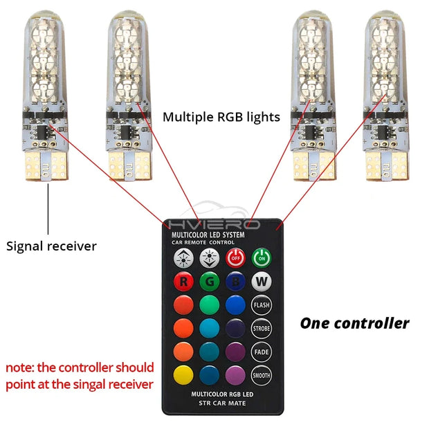 New T10 5050 6SMD DC 12V Waterproof W5W Remote Controller RGB 194 168 Dome Light Silicone Wedge Side Car Signal Atmosphere Bulb